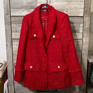 Double Breasted Frayed Trim Tweed Blazer Jacket